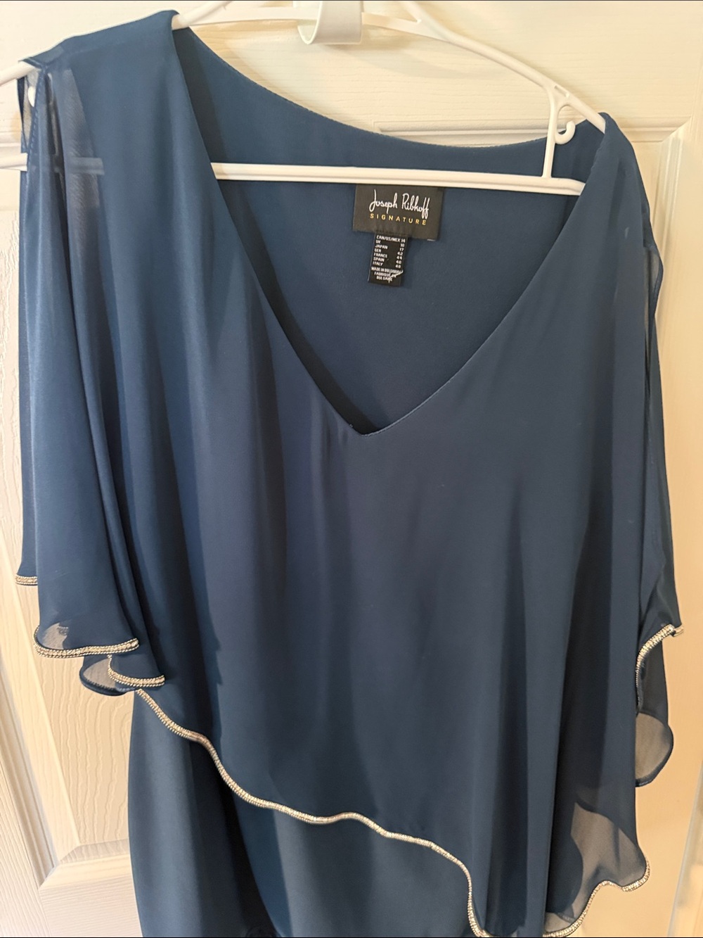 Joseph Ribkoff Teal-Blue V-Neck Chiffon Overlay Top